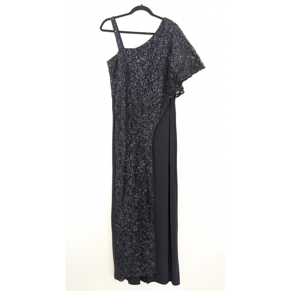 R&M Richards Navy Sequin Lace One Shoulder Jumpsuit Size 16 Evening Formal